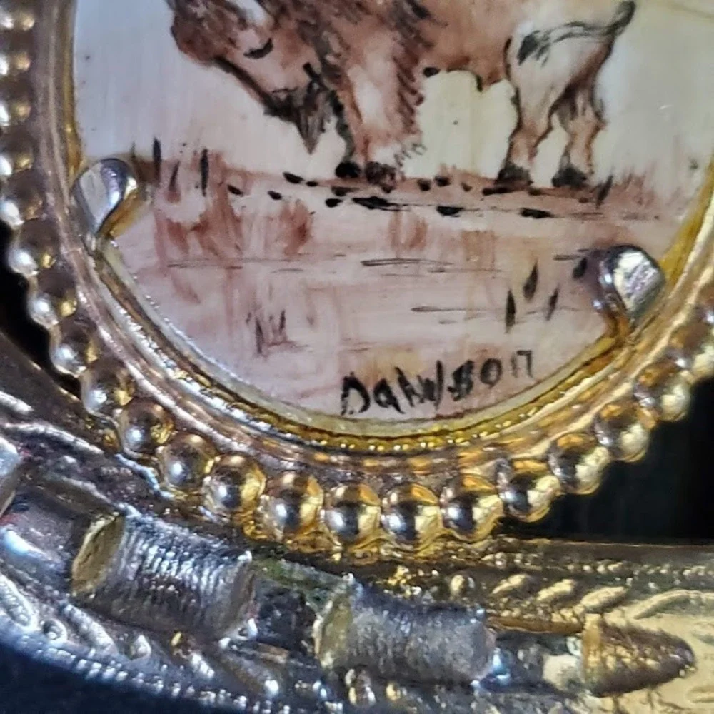 Hand Painted Buffalo Horseshoe Belt Buckle Gold Tone Signed Dawson REPAIRED